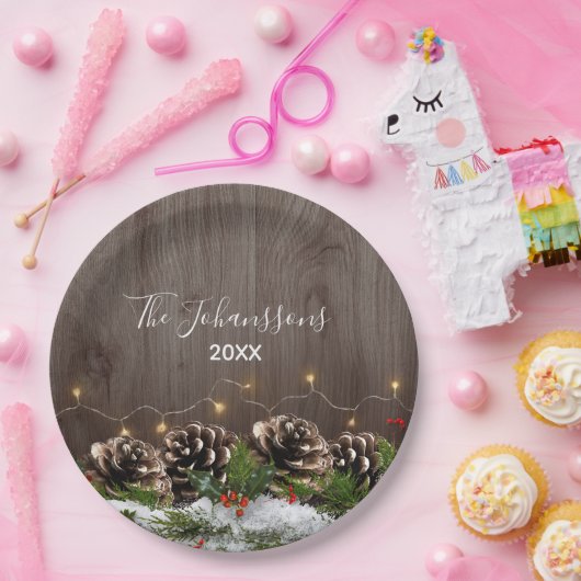 Rustiek hout land pijnbomen Lichten & Sneeuw Kerst Papieren Bordje (Feest)