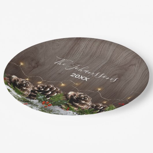 Rustiek hout land pijnbomen Lichten & Sneeuw Kerst Papieren Bordje (Gekanteld)