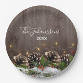 Rustiek hout land pijnbomen Lichten & Sneeuw Kerst Papieren Bordje (Voorkant)