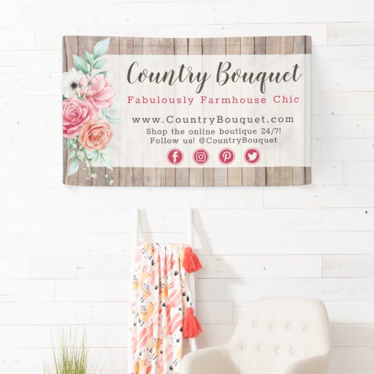 Rustiek Hout Landhuis Bloemen Roos Boutique Spandoek (Insitu)