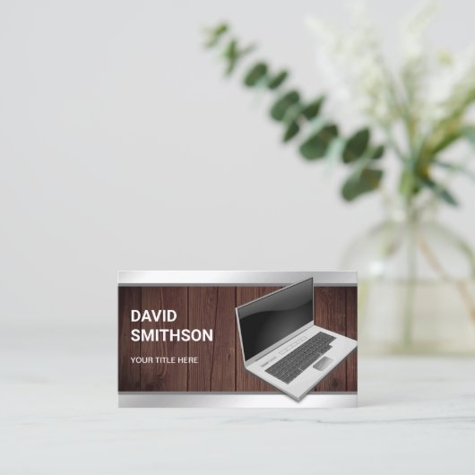 Rustiek Hout Laptop PC Computer Reparatie Technicu Visitekaartje (Staand voorkant)
