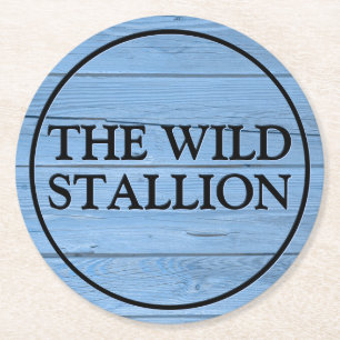 Rustiek Hout Licht Blauw Faux Gegraveerde Naam Bar Ronde Kartonnen Onderzetter