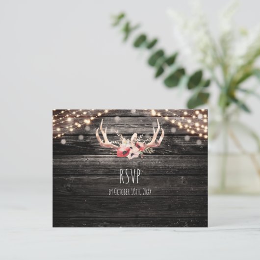 Rustiek Hout & Lichten Bloemgewei Boho RSVP Uitnodiging Briefkaart (Staand voorkant)