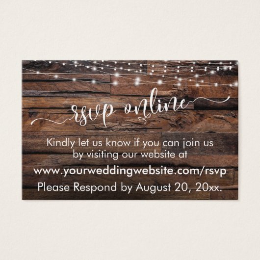 Rustiek hout & Lichten Bruiloft RSVP Online Insert Visitekaartje (Voorkant)