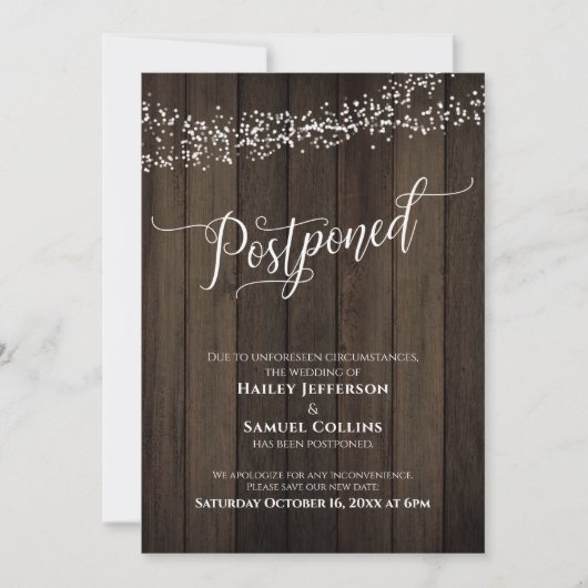 Rustiek hout, Lichten Elegant Uitgestelde Bruiloft Kaart (Voorkant)