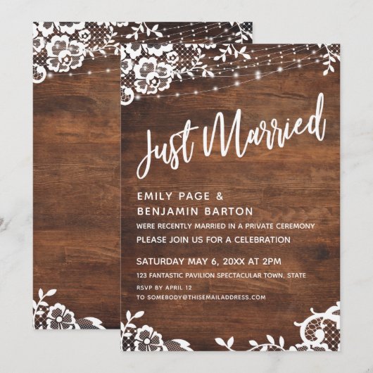Rustiek Hout, Lichten & Kant Just Married Typograf Kaart (Voorkant / Achterkant)