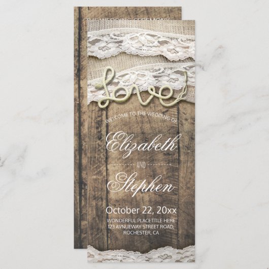 Rustiek hout liefde touw burlap kant bruiloft prog programmakaart (Voorkant / Achterkant)