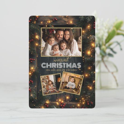 Rustiek Hout Lijst Kerstfoto Collage Feestdagenkaart (Staand voorkant)