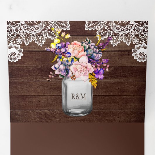 Rustiek Hout Lila Roze Rose Mason Jar Lace Wedding Drieluik Uitnodiging (Binnenzijde eerst)