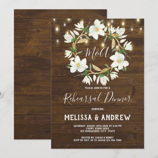 Rustiek hout Magnolia Lights repetitie diner Kaart (Voorkant / Achterkant)