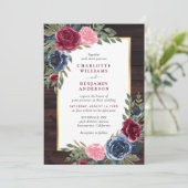 Rustiek Hout Marine Blauw Bourgondië Goud Bloemen Kaart (Staand voorkant)