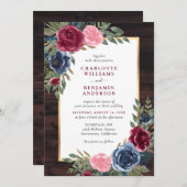 Rustiek Hout Marine Blauw Bourgondië Goud Bloemen Kaart (Voorkant / Achterkant)