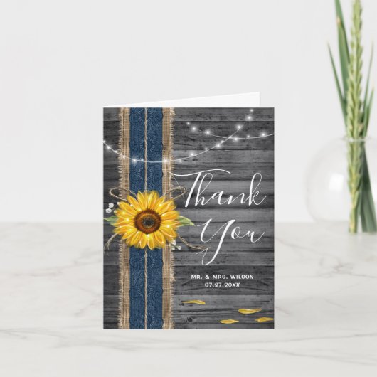 Rustiek Hout Marine Blauw Kant Foto Zonnebloem Bru Bedankkaart (Voorkant)