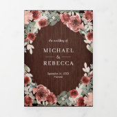 Rustiek hout Marsala Bloemen Foto Collage Bruiloft Drieluik Uitnodiging (Cover)