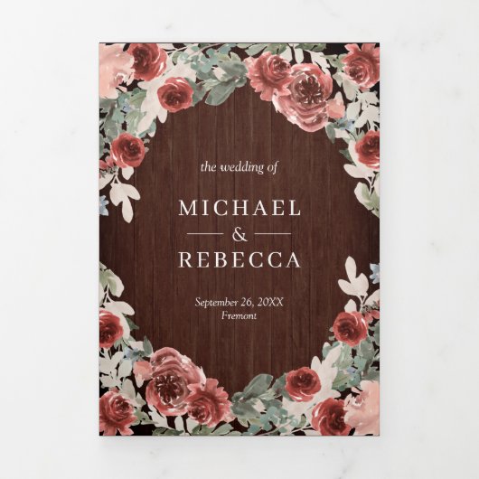 Rustiek hout Marsala Bloemen Foto Collage Bruiloft Drieluik Uitnodiging (Cover)