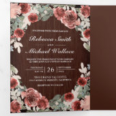 Rustiek hout Marsala Bloemen Foto Collage Bruiloft Drieluik Uitnodiging (Binnenzijde eerst)