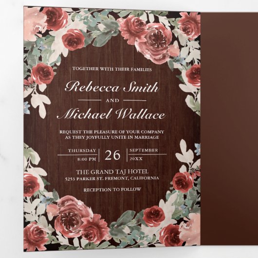 Rustiek hout Marsala Bloemen Foto Collage Bruiloft Drieluik Uitnodiging (Binnenzijde eerst)