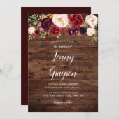 Rustiek Hout Marsala Bloemen Huwelijksuitnodiging Kaart (Voorkant / Achterkant)