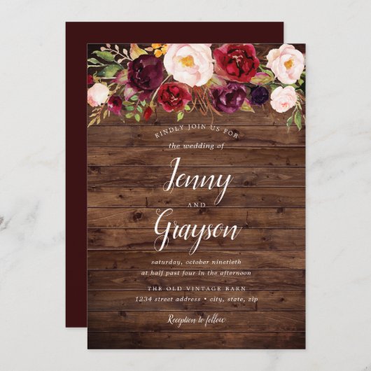 Rustiek Hout Marsala Bloemen Huwelijksuitnodiging Kaart (Voorkant / Achterkant)