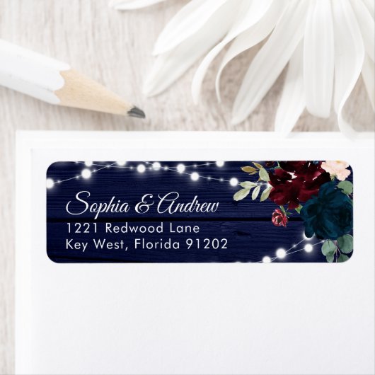 Rustiek Hout Marsala & Marine Blauw Bloemen Adres Etiket (Insitu)