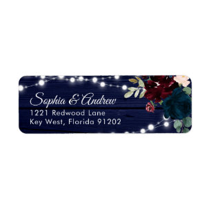 Rustiek Hout Marsala & Marine Blauw Bloemen Adres Etiket