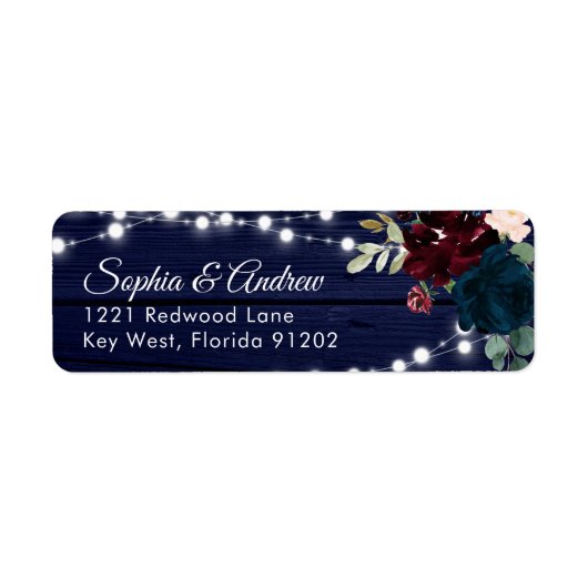 Rustiek Hout Marsala & Marine Blauw Bloemen Adres Etiket (Voorkant)