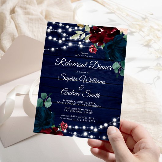 Rustiek Hout Marsala & Navy Blauw Repetitie Diner Kaart