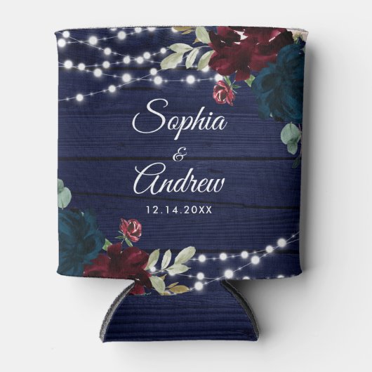 Rustiek Hout Marsala & Navy Blauwe Bloemen Blikjeskoeler (Voorkant)