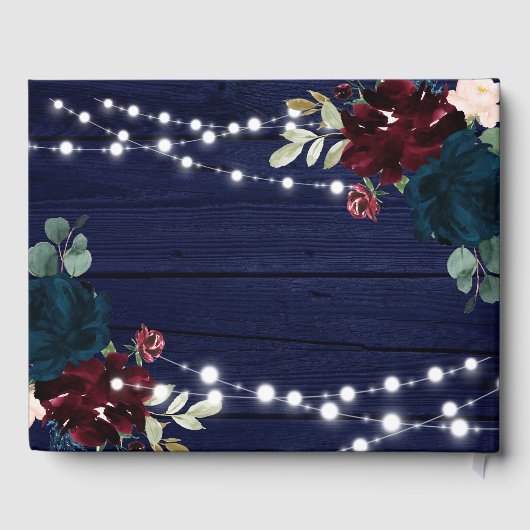Rustiek Hout Marsala & Navy Blauwe Bloemen Bruilof Gastenboek (Achterkant)