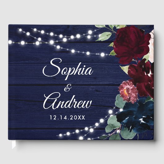 Rustiek Hout Marsala & Navy Blauwe Bloemen Bruilof Gastenboek (Voorkant)