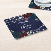 Rustiek Hout Marsala & Navy Blauwe Bloemen Kartonnen Onderzetters (Schuin)