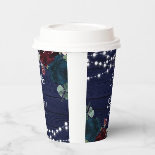 Rustiek Hout Marsala & Navy Blauwe Bloemen Papieren Bekers (Links)