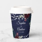 Rustiek Hout Marsala & Navy Blauwe Bloemen Papieren Bekers (Achterkant)