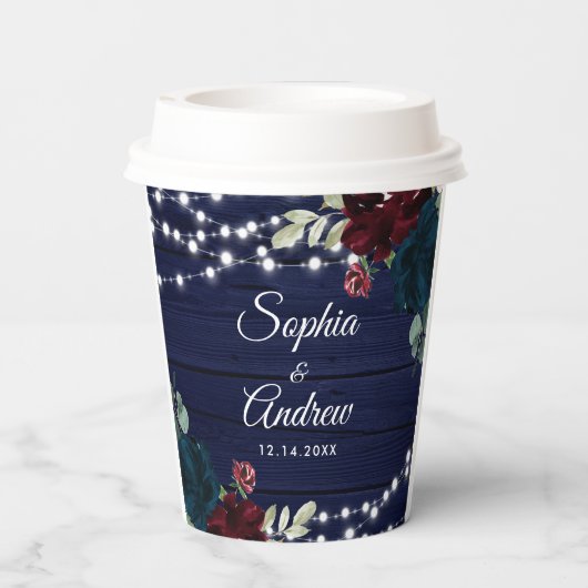 Rustiek Hout Marsala & Navy Blauwe Bloemen Papieren Bekers (Achterkant)