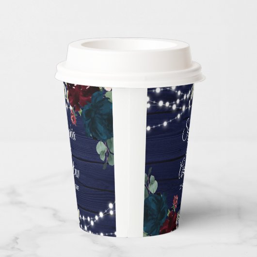 Rustiek Hout Marsala & Navy Blauwe Bloemen Papieren Bekers (Rechts)
