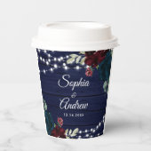 Rustiek Hout Marsala & Navy Blauwe Bloemen Papieren Bekers (Voorkant)