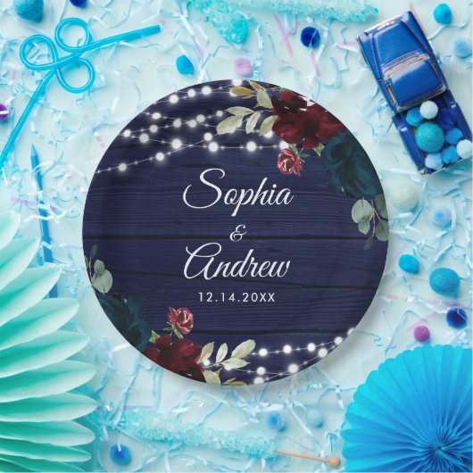 Rustiek Hout Marsala & Navy Blauwe Bloemen Papieren Bordje (Feest)
