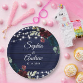 Rustiek Hout Marsala & Navy Blauwe Bloemen Papieren Bordje (Feest)