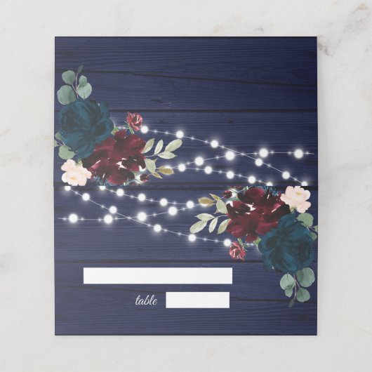 Rustiek Hout Marsala & Navy Blauwe Bloemen Plaatskaartje (Buitenkant ongevouwen)