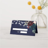 Rustiek Hout Marsala & Navy Blauwe Bloemen Plaatskaartje (Voorkant)