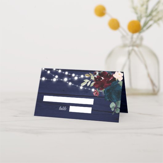 Rustiek Hout Marsala & Navy Blauwe Bloemen Plaatskaartje (Voorkant)