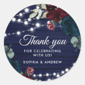 Rustiek Hout Marsala & Navy Blauwe Bloemen Ronde Sticker (Voorkant)