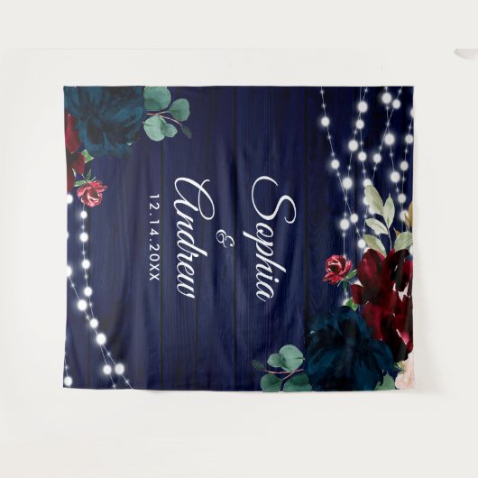 Rustiek Hout Marsala & Navy Blauwe Bloemen Wandkleed (Voorkant (horizontaal))