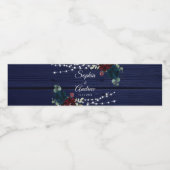 Rustiek Hout Marsala & Navy Blauwe Bloemen Waterfles Etiket (Enkel label)