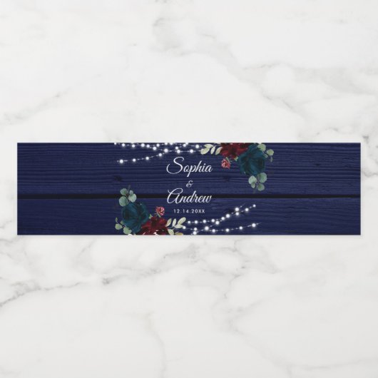 Rustiek Hout Marsala & Navy Blauwe Bloemen Waterfles Etiket (Enkel label)