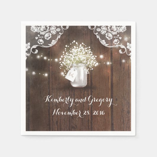 Rustiek Hout Mason Jar Baby's Breath Barn Wedding Servetten (Voorkant)