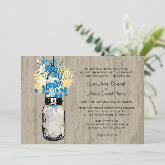 Rustiek Hout Mason Jar en Wildflowers Wedding Kaart (Staand voorkant)