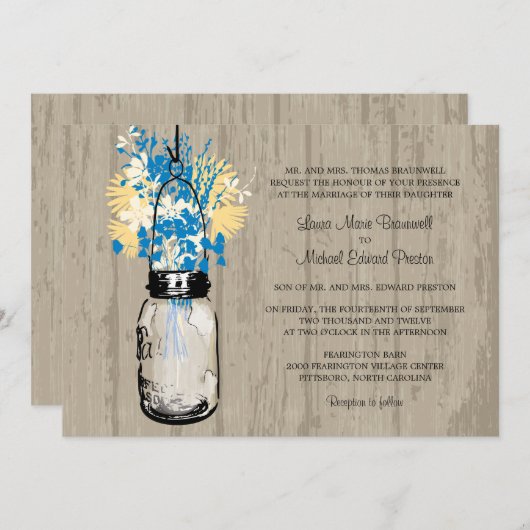 Rustiek Hout Mason Jar en Wildflowers Wedding Kaart (Voorkant / Achterkant)
