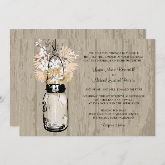 Rustiek Hout Mason Jar en Wildflowers Wedding Kaart (Voorkant / Achterkant)