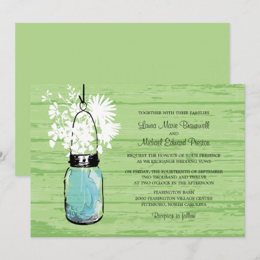Rustiek Hout Mason Jar en Wildflowers Wedding Kaart (Voorkant / Achterkant)